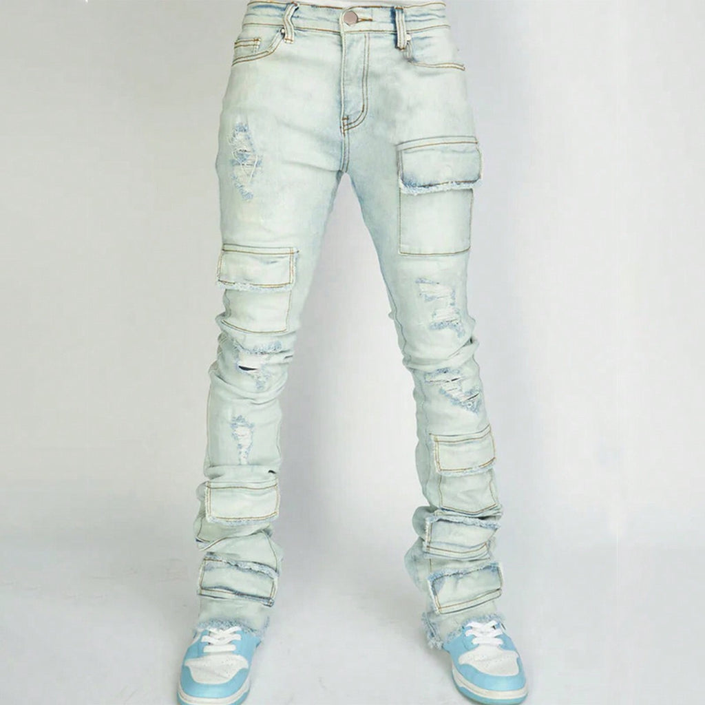 Stretch Ripped Denim Layered Flare Cargo Jeans