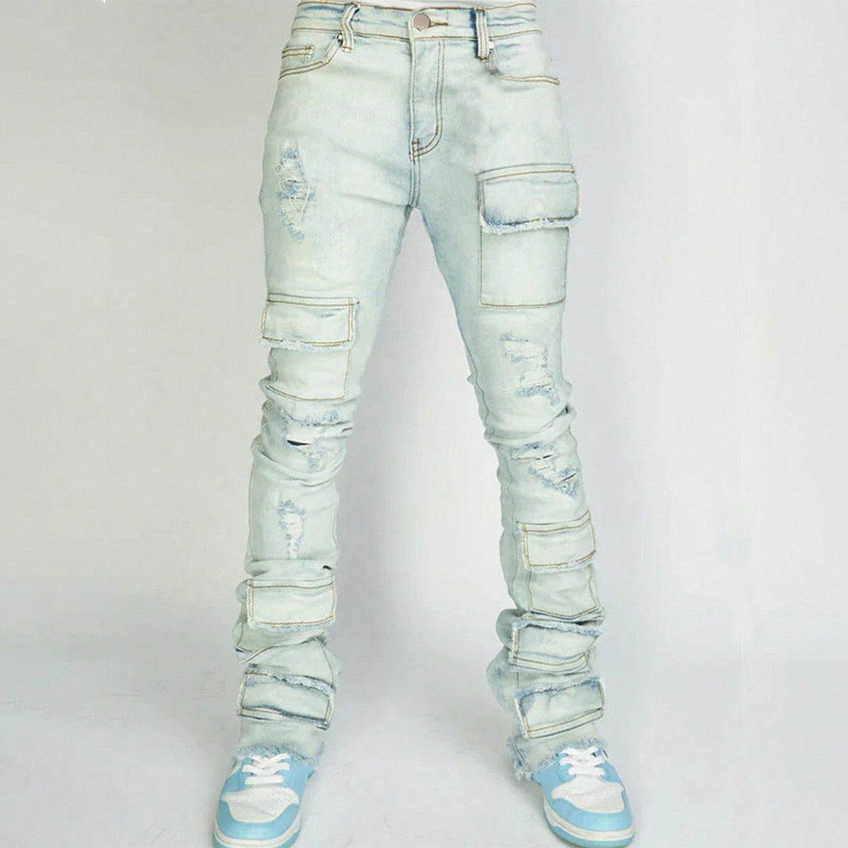 Stretch Ripped Denim Layered Flare Cargo Jeans