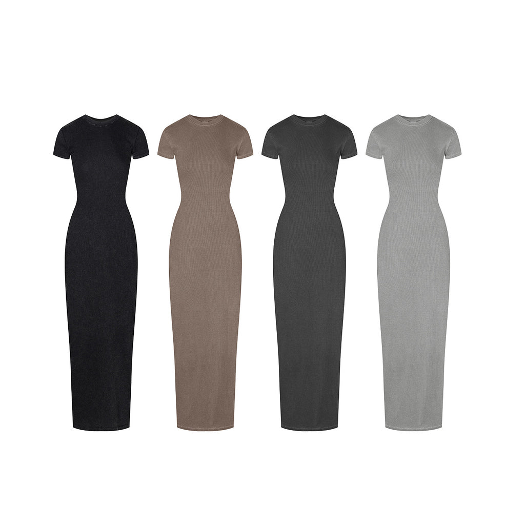 Yaviora Short-Sleeve Long Dress Slim Fit Bodycon Slit Skirt