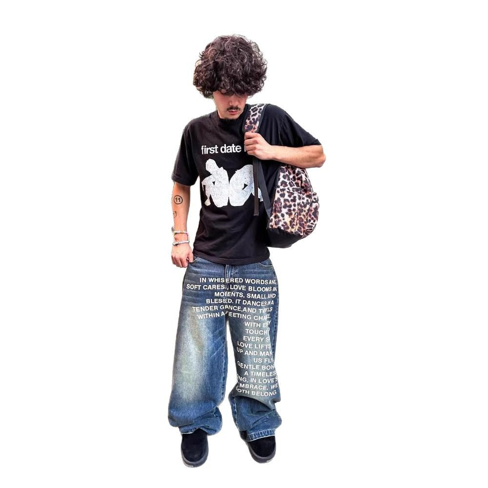 Y2K Men's Hip-Hop Jeans with American-Style Graphic Lettering