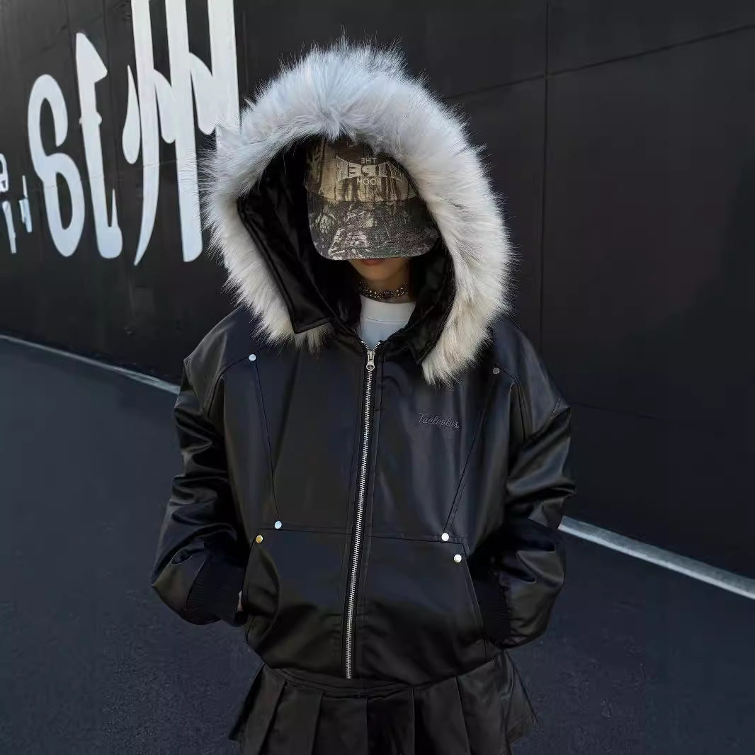 YAVIORA Fur Collar PU Jacket