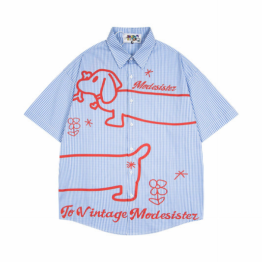 YAVIORA Dog Print Stripe Shirt