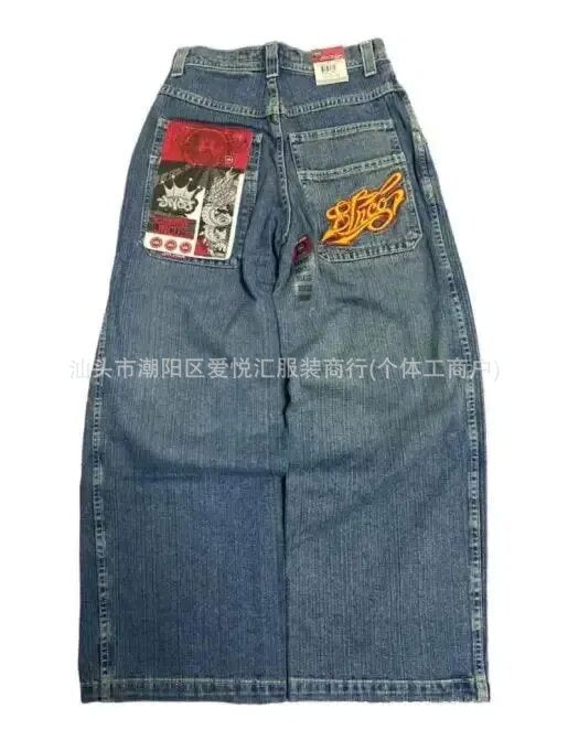Vintage-Wash Denim Jeans with Y2K Hip-Hop Embroidery