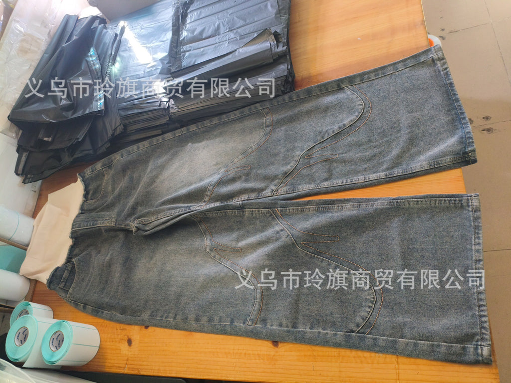 Y2K Patchwork Loose-Fit Low-Rise Jeans with Fold-Over Waistband