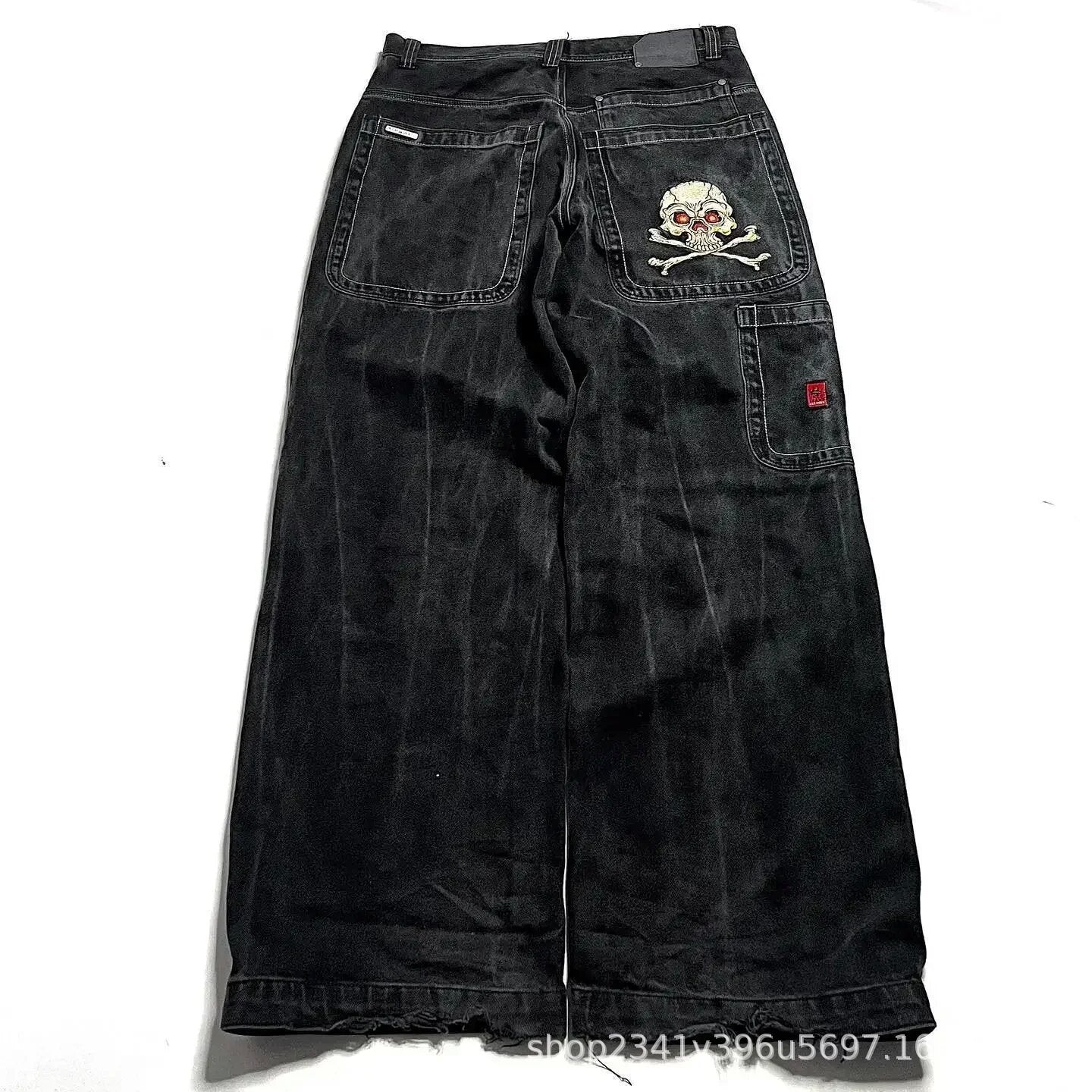 Vintage-Wash Denim Jeans with Y2K Hip-Hop Embroidery