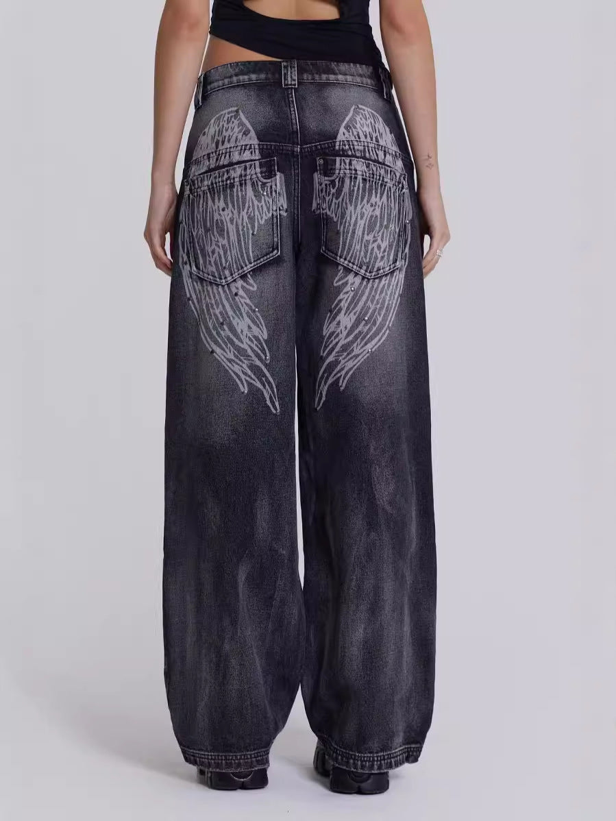 Y2K Hip-Hop Style Washed, Distressed, and Printed Jeans