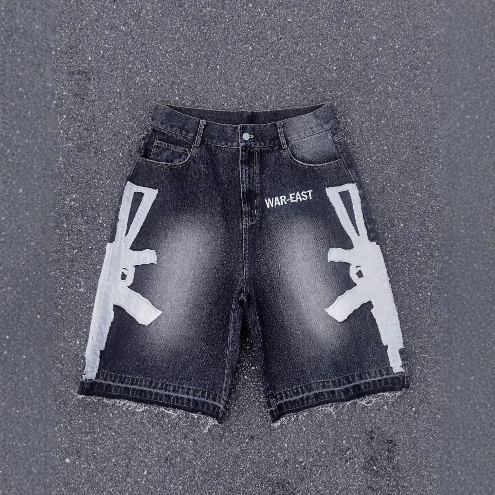 Y2K Embroidered Bone Casual Pants Loose Denim Shorts