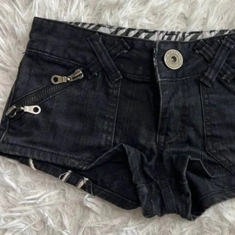 Y2K Gothic Flag-Print Color-Block Low-Rise Slim-Fit Denim Shorts