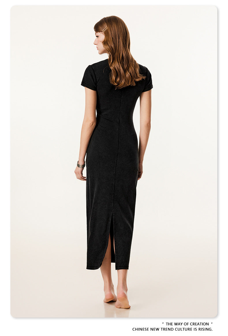 Yaviora Short-Sleeve Long Dress Slim Fit Bodycon Slit Skirt