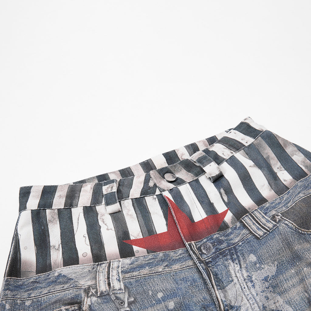 YAVIORA Star Print Fake Two-Piece Jeans