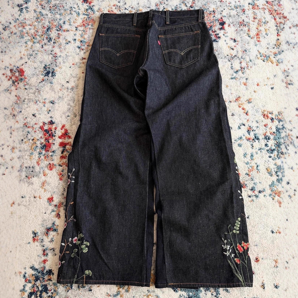 Y2K loose-fit wide-leg patchwork trousers with floral embroidery