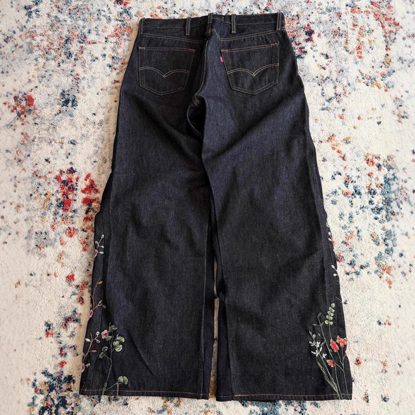 Y2K loose-fit wide-leg patchwork trousers with floral embroidery