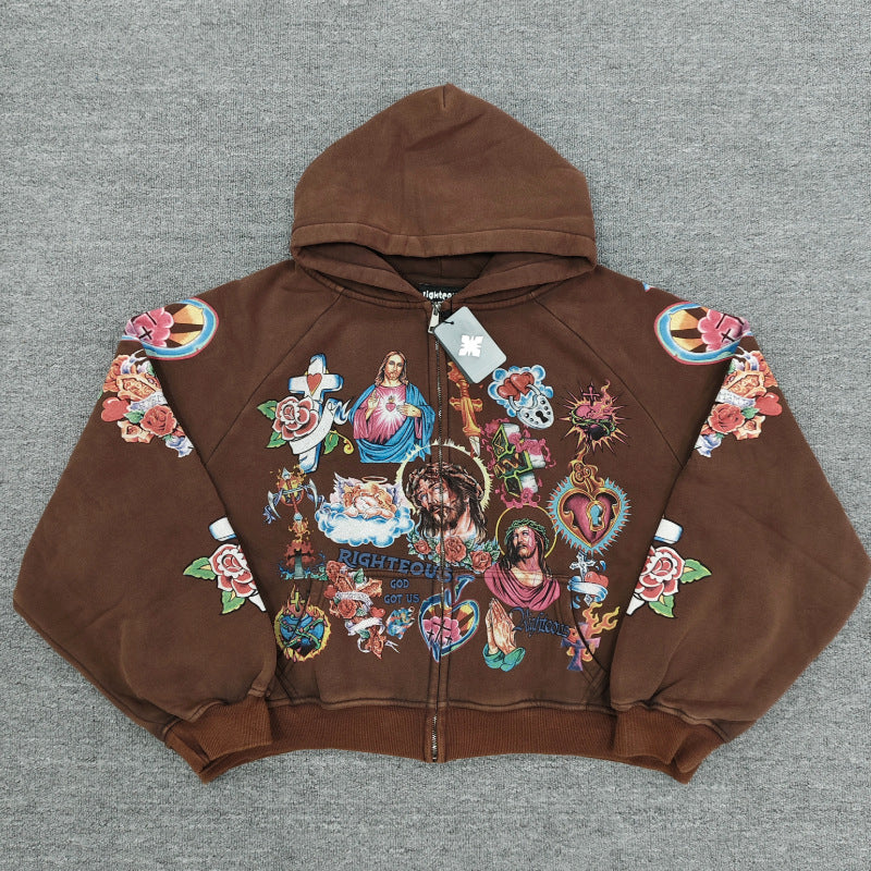 Jesus Sacred Heart Rose Print Cropped Zip‑Up Hoodie Y2K Vintage Streetwear