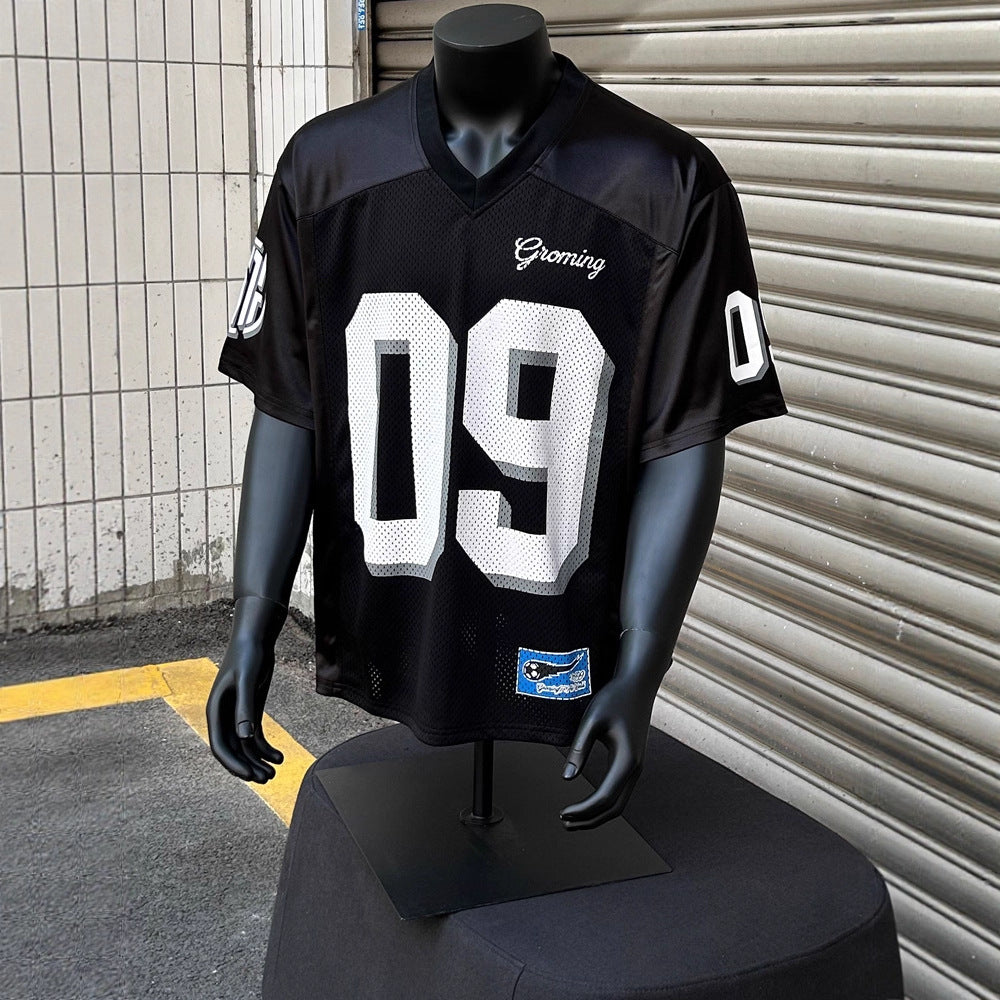 09 Letter print V-neck breathable short-sleeved jersey