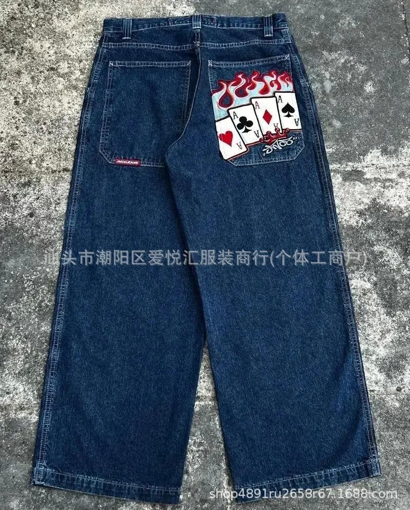 Vintage-Wash Denim Jeans with Y2K Hip-Hop Embroidery