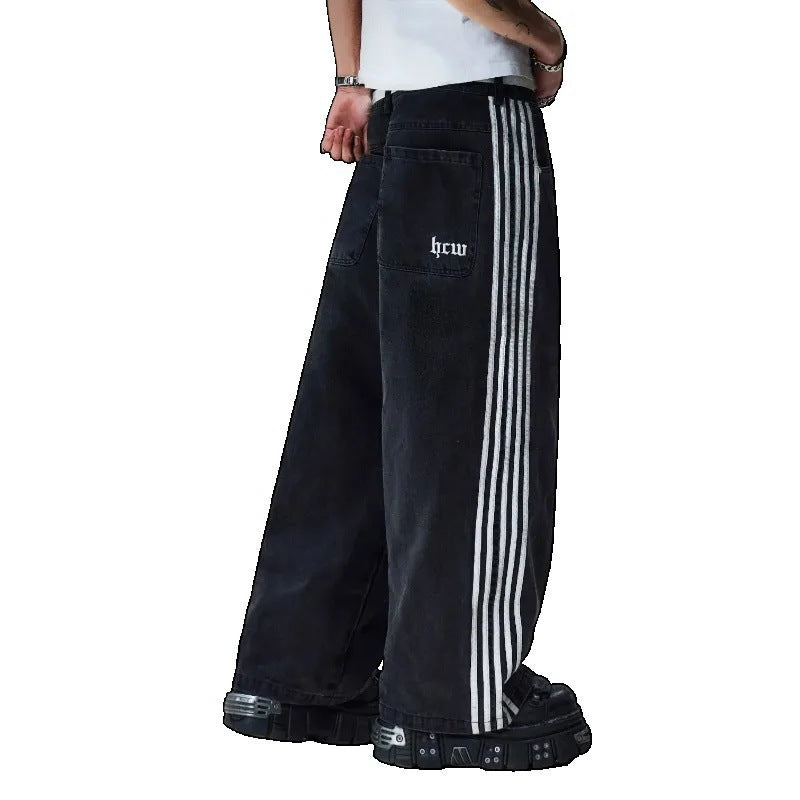 Y2K American retro style street style striped wide-leg loose jeans.