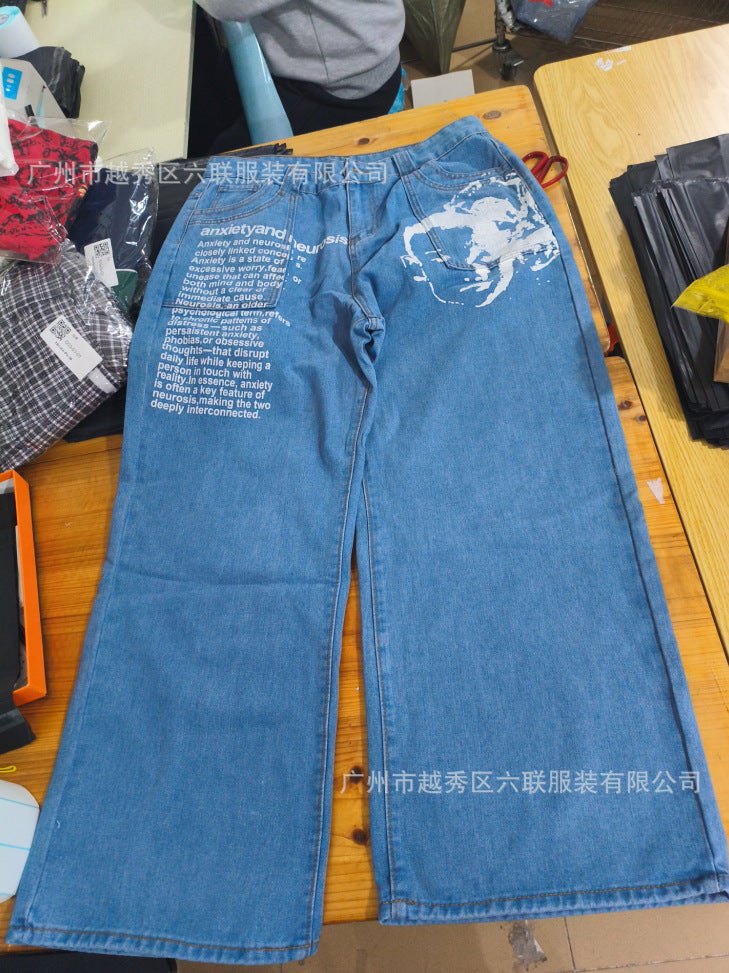 Y2K Men's Hip-Hop Jeans with American-Style Graphic Lettering