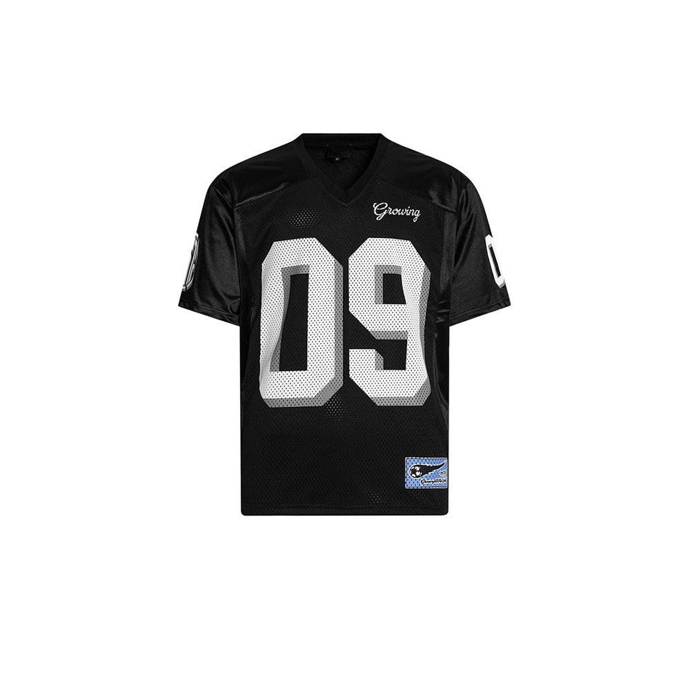 09 Letter print V-neck breathable short-sleeved jersey