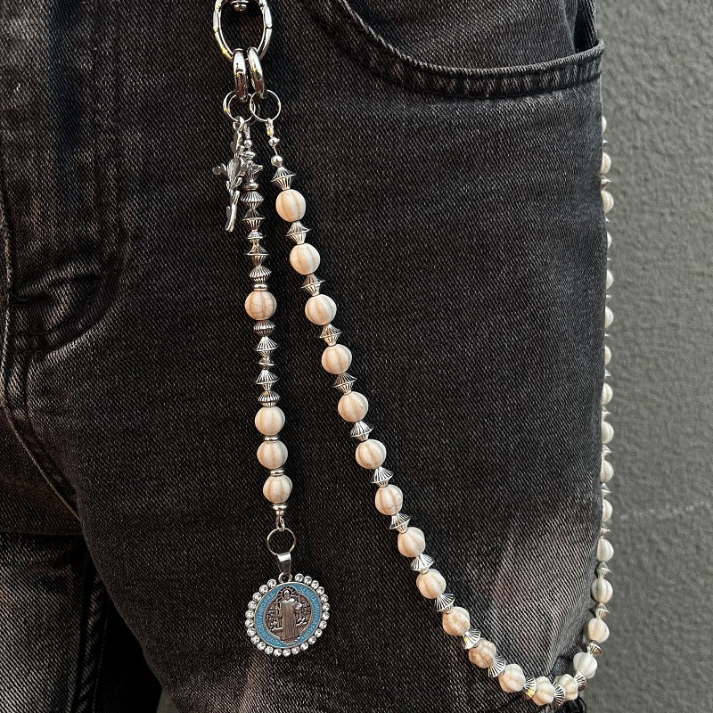 Saint Benedict Rosary Wallet Chain Pearl Bead Silver