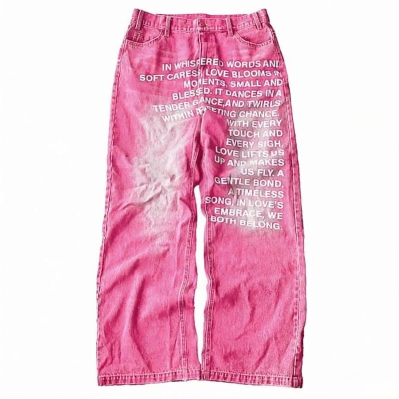 Y2K Men's Hip-Hop Jeans with American-Style Graphic Lettering