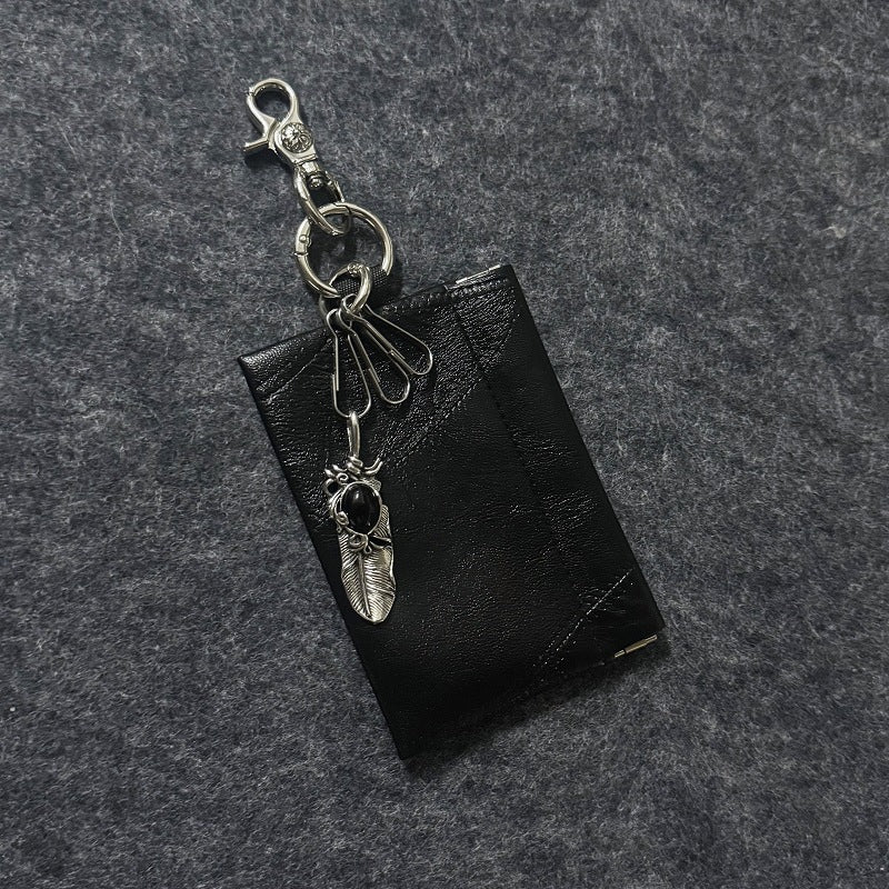 Black Leather Keychain Wallet with Silver Feather Charm