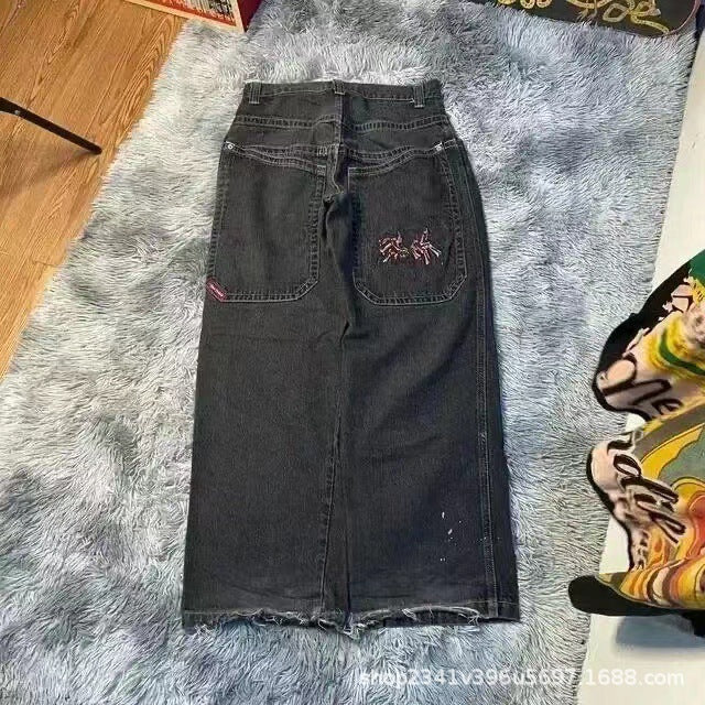 Vintage-Wash Denim Jeans with Y2K Hip-Hop Embroidery