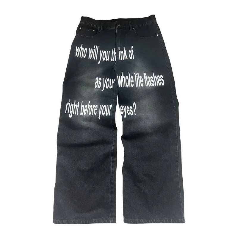 Y2K Men's Hip-Hop Jeans with American-Style Graphic Lettering