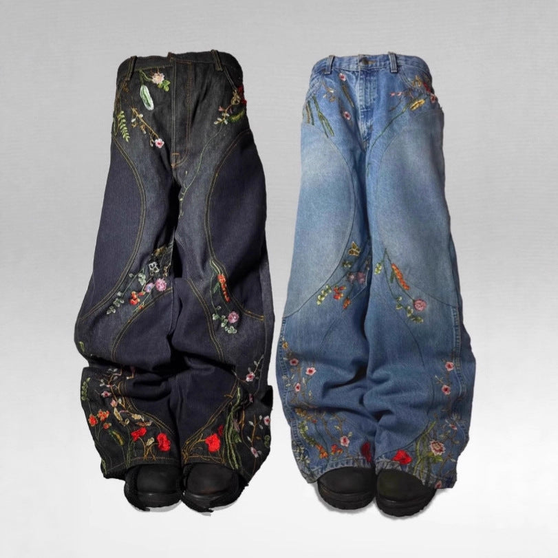 Y2K loose-fit wide-leg patchwork trousers with floral embroidery