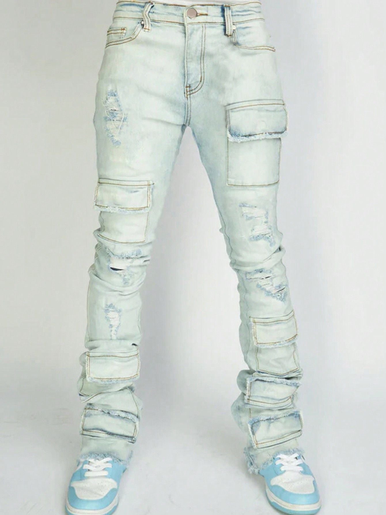 Stretch Ripped Denim Layered Flare Cargo Jeans