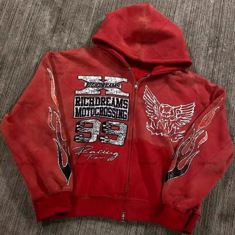 Y2K Hip-Hop Star-Print Racing-Style Zip-Up Hoodie