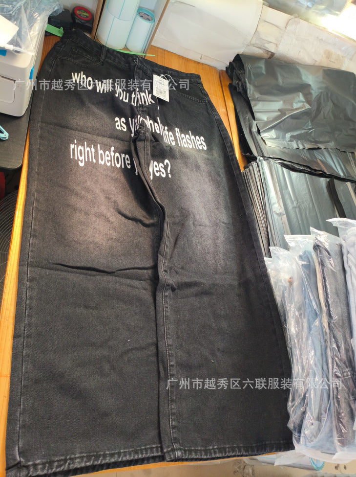 Y2K Men's Hip-Hop Jeans with American-Style Graphic Lettering