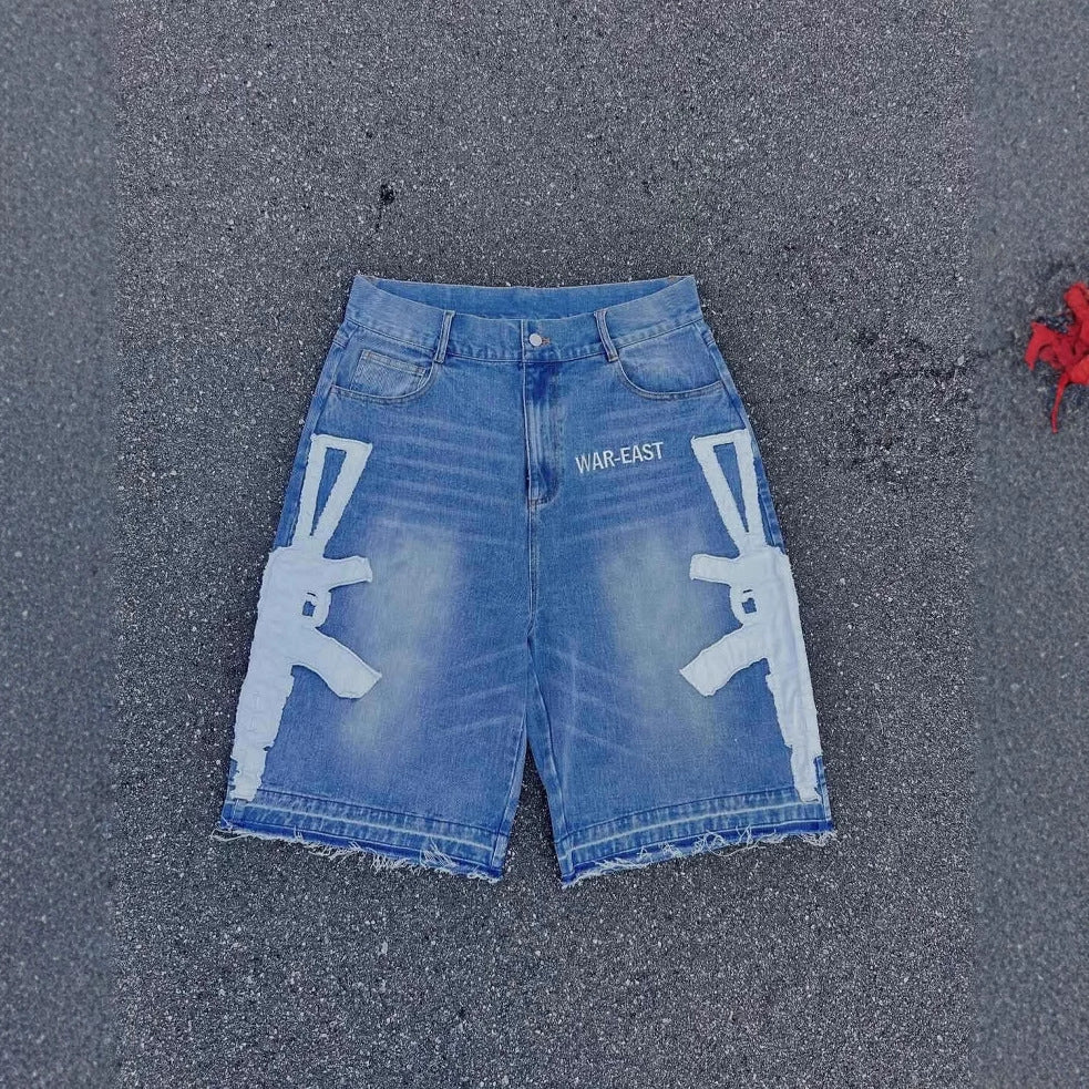 Y2K Embroidered Bone Casual Pants Loose Denim Shorts
