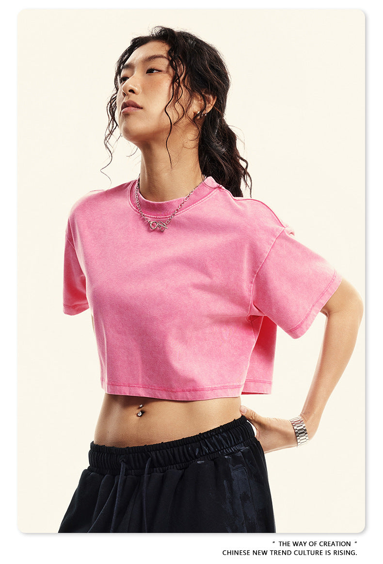 Yaviora Round Neck Crop Top Sexy Loose Short-Sleeve T-Shirt