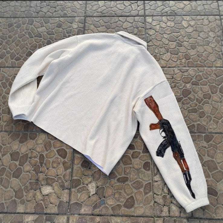 Stylish Jacket with Firearm and Letter Graphics