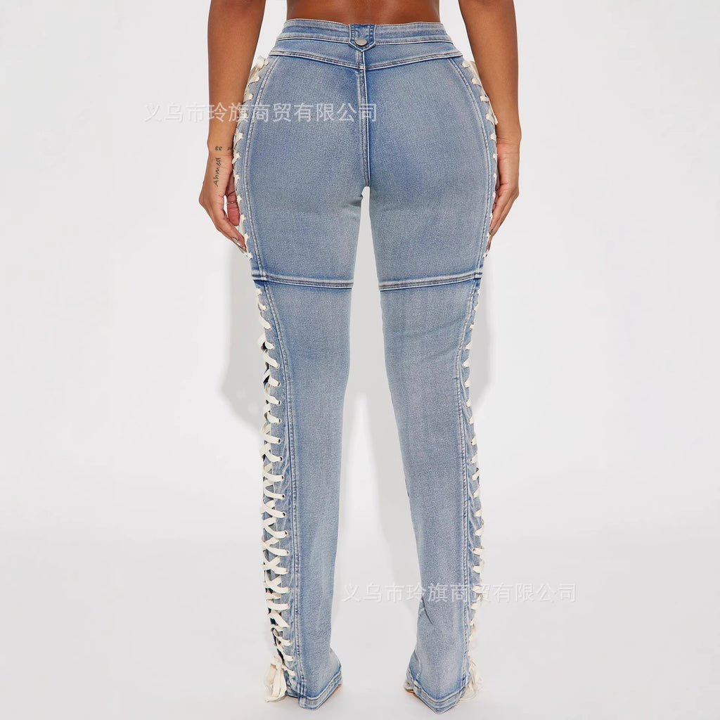 Y2K-style high-waisted, slim-fit lace-up bootcut jeans