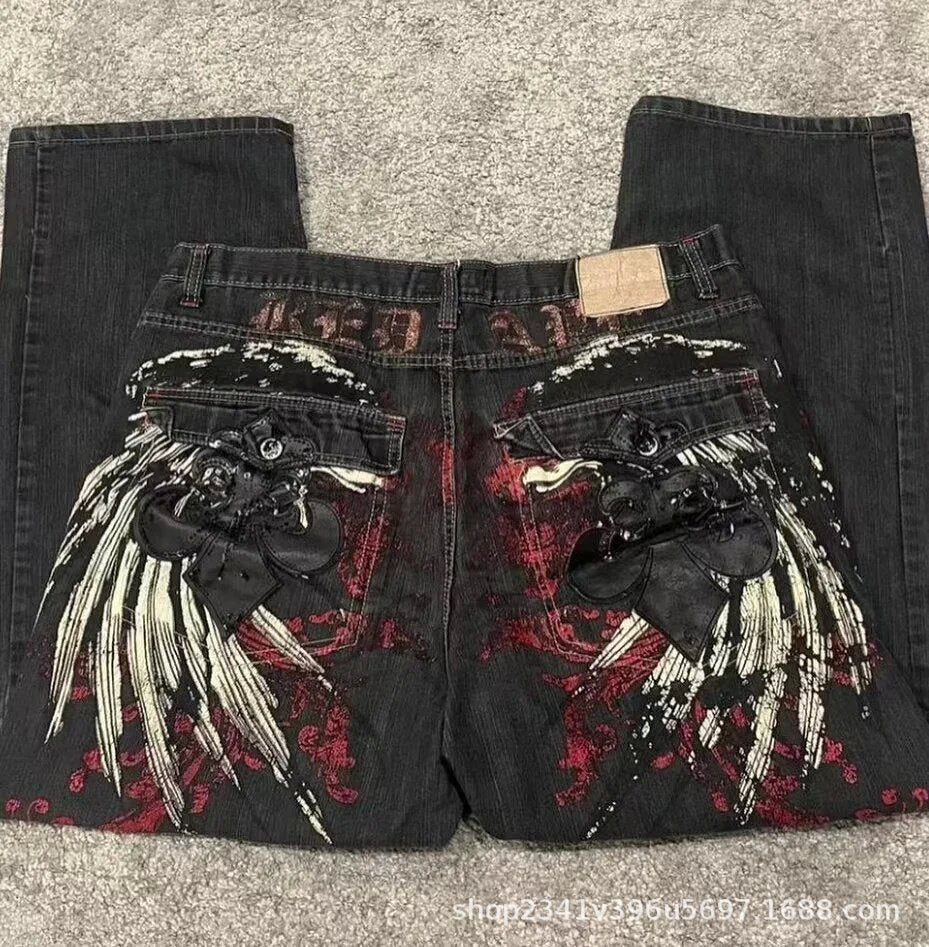 Vintage-Wash Denim Jeans with Y2K Hip-Hop Embroidery