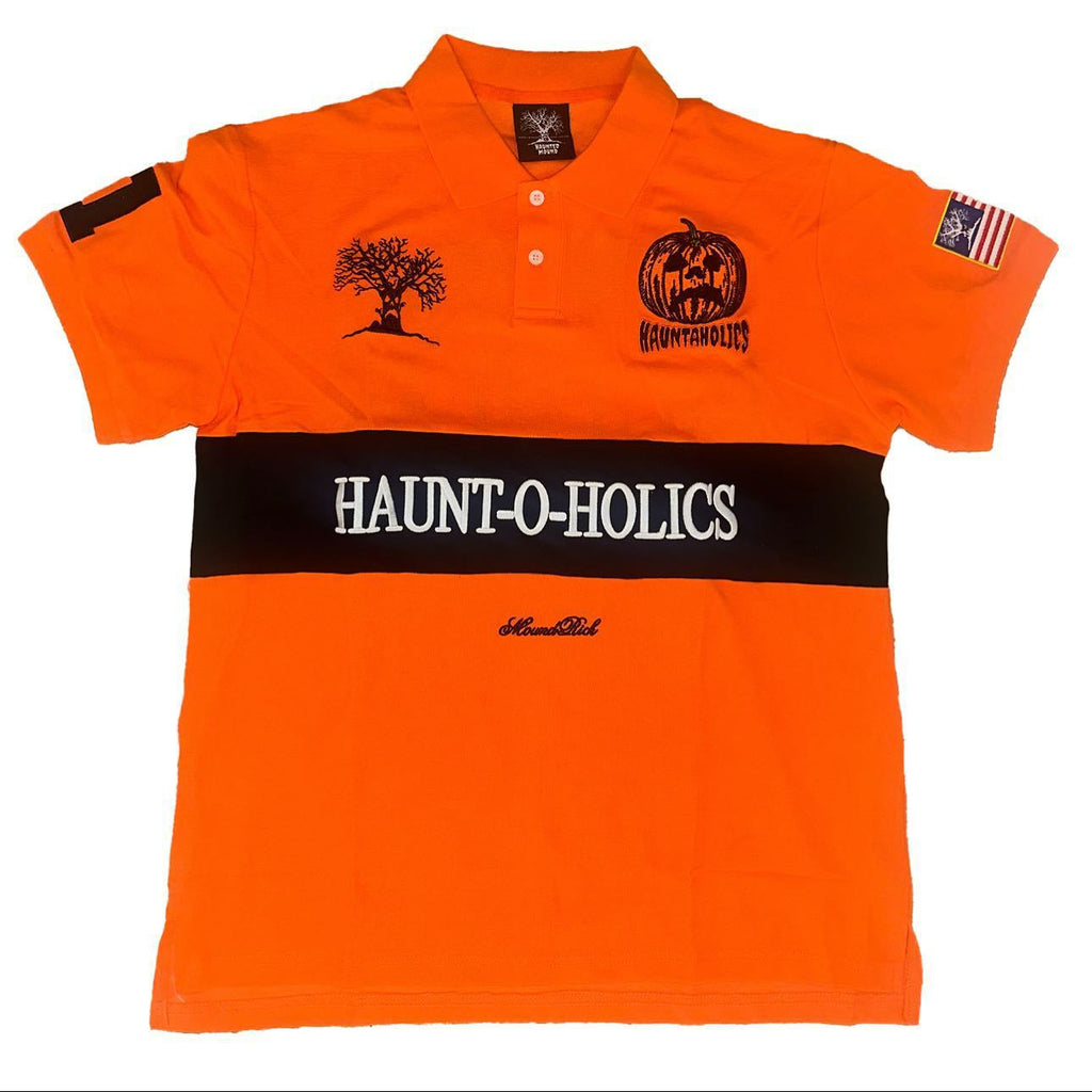 Fully embroidered Halloween pumpkin-head polo shirt