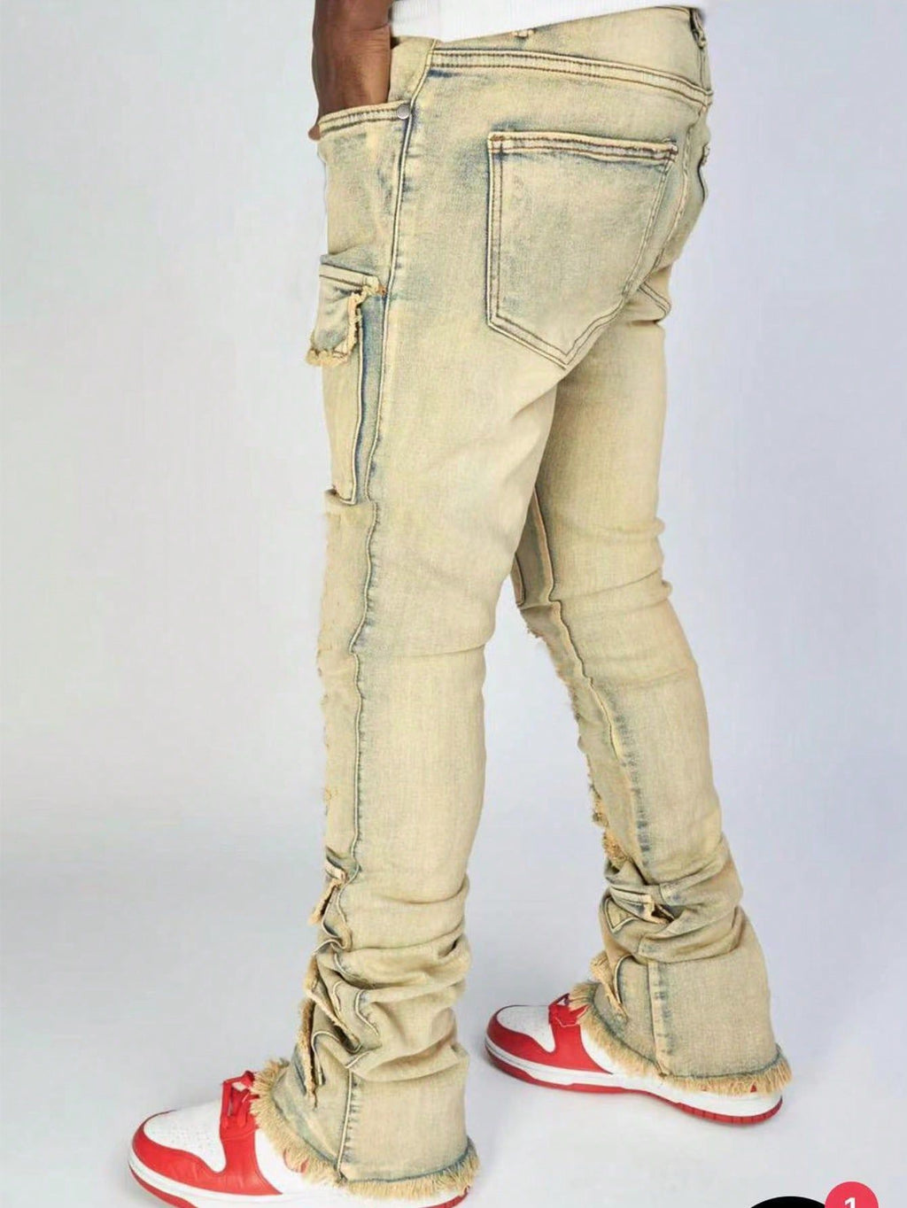 Stretch Ripped Denim Layered Flare Cargo Jeans