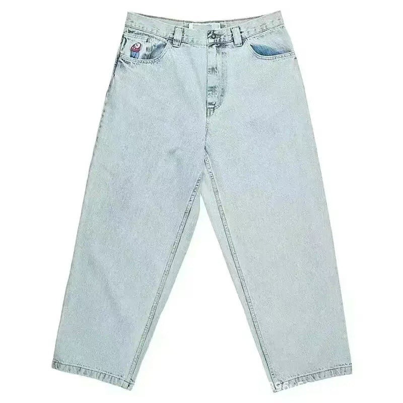 Vintage-Wash Denim Jeans with Y2K Hip-Hop Embroidery