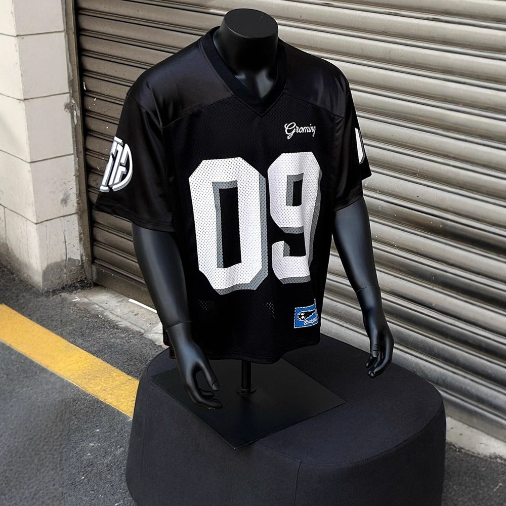 09 Letter print V-neck breathable short-sleeved jersey
