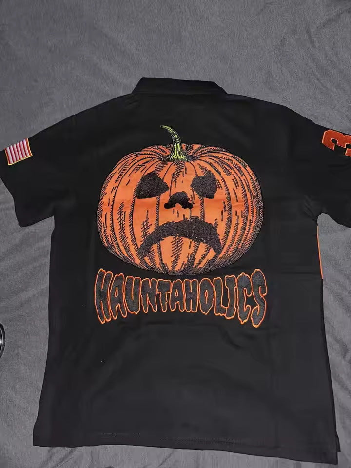 Fully embroidered Halloween pumpkin-head polo shirt