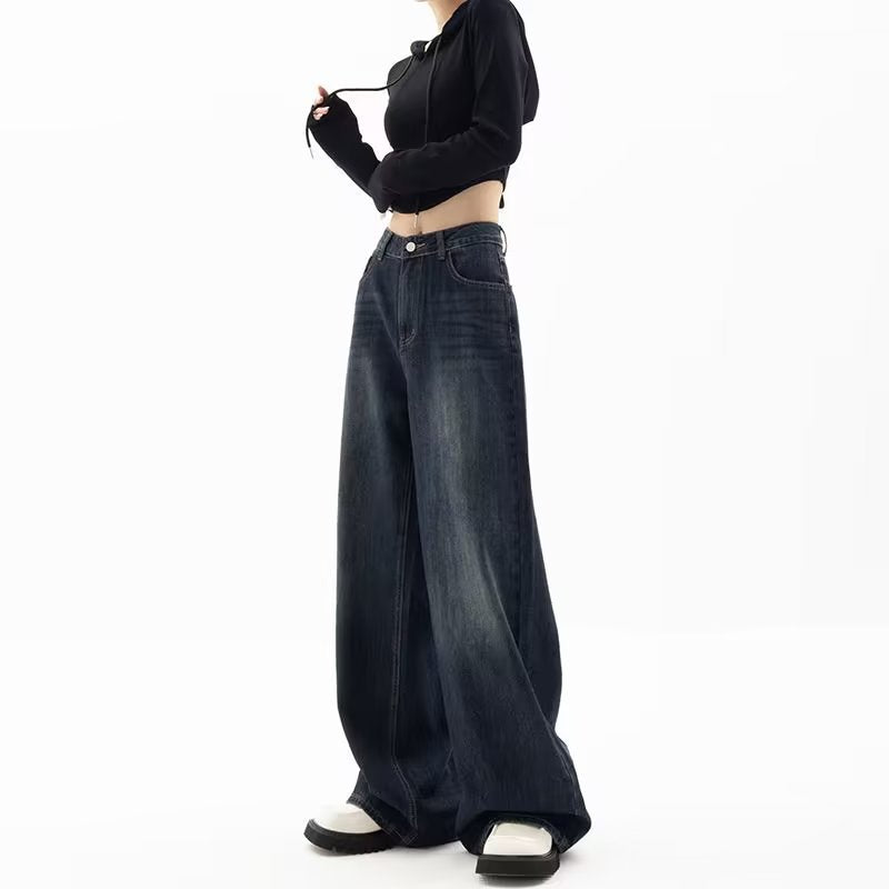 American Retro Y2K Blue Wide-Leg Denim Pants
