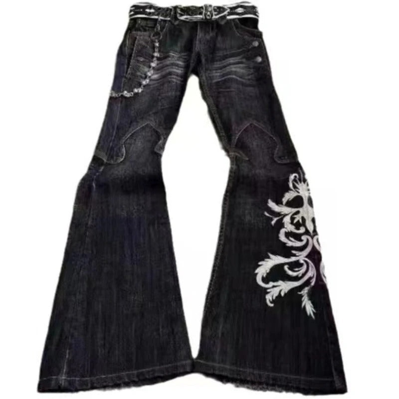 Y2K punk flared jeans, heavy embroidered jeans
