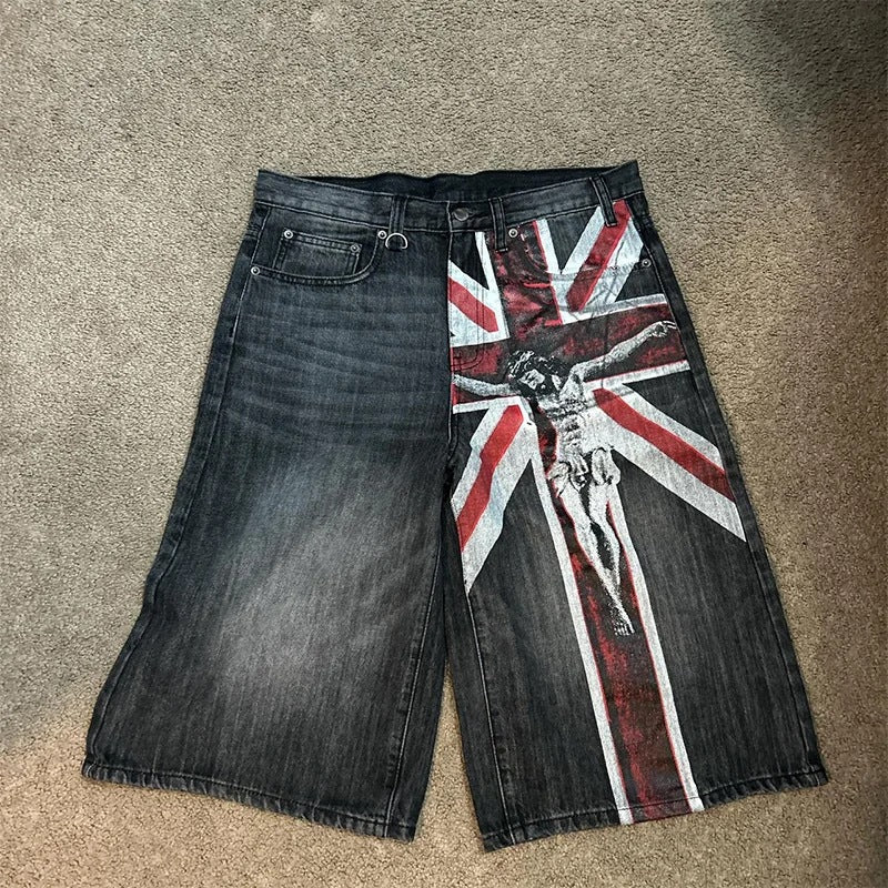Y2K Gothic Flag-Print Color-Block Low-Rise Slim-Fit Denim Shorts