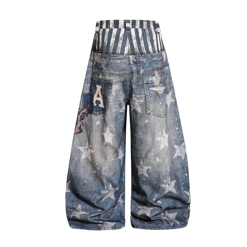 YAVIORA Star Print Fake Two-Piece Jeans