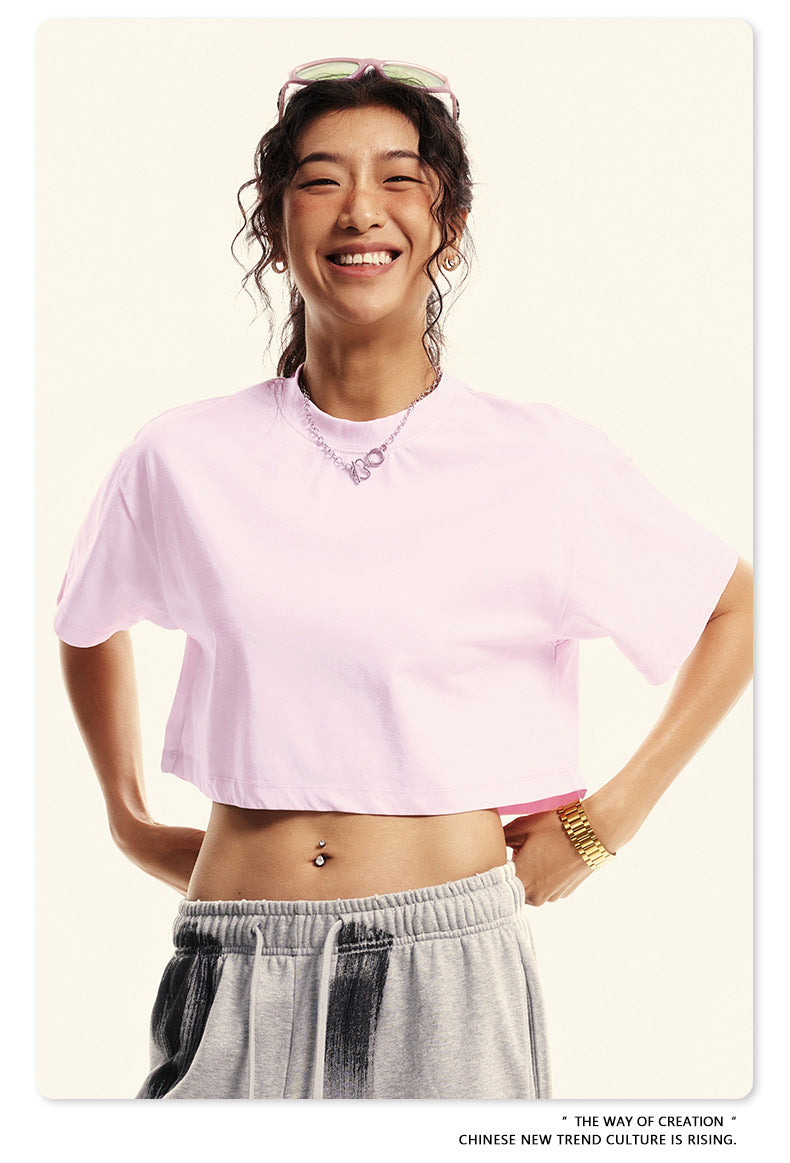 Yaviora Round Neck Crop Top Sexy Loose Short-Sleeve T-Shirt