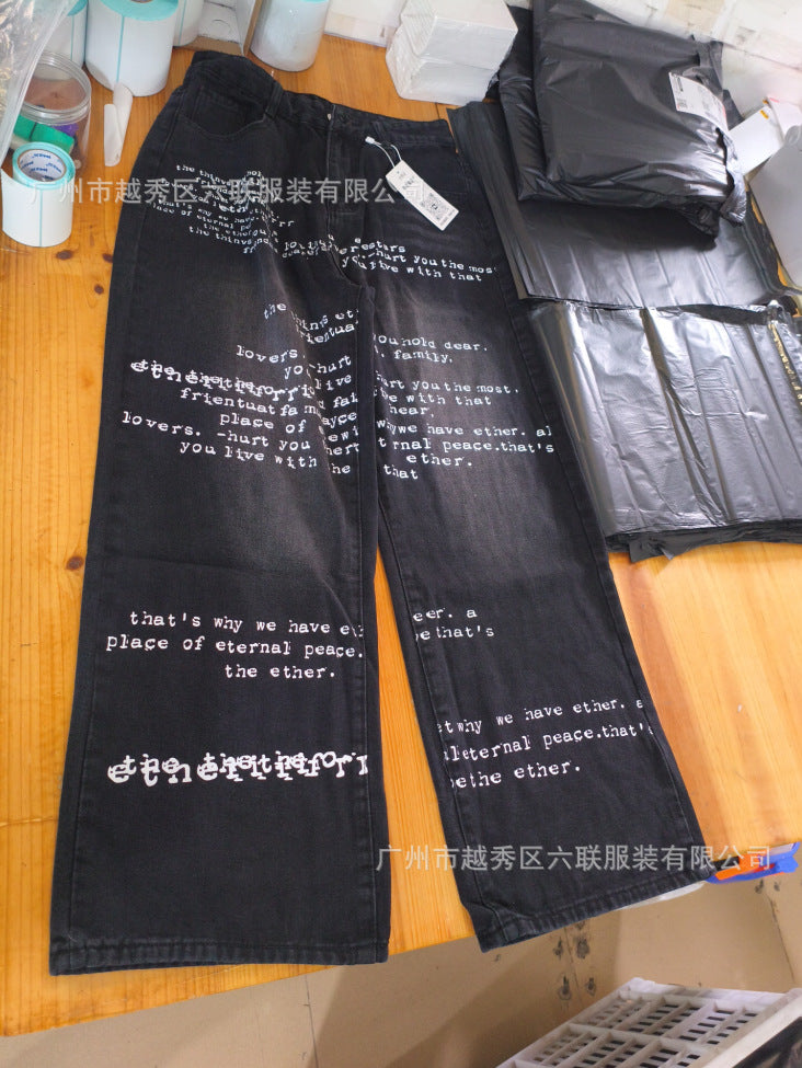 Y2K Men's Hip-Hop Jeans with American-Style Graphic Lettering