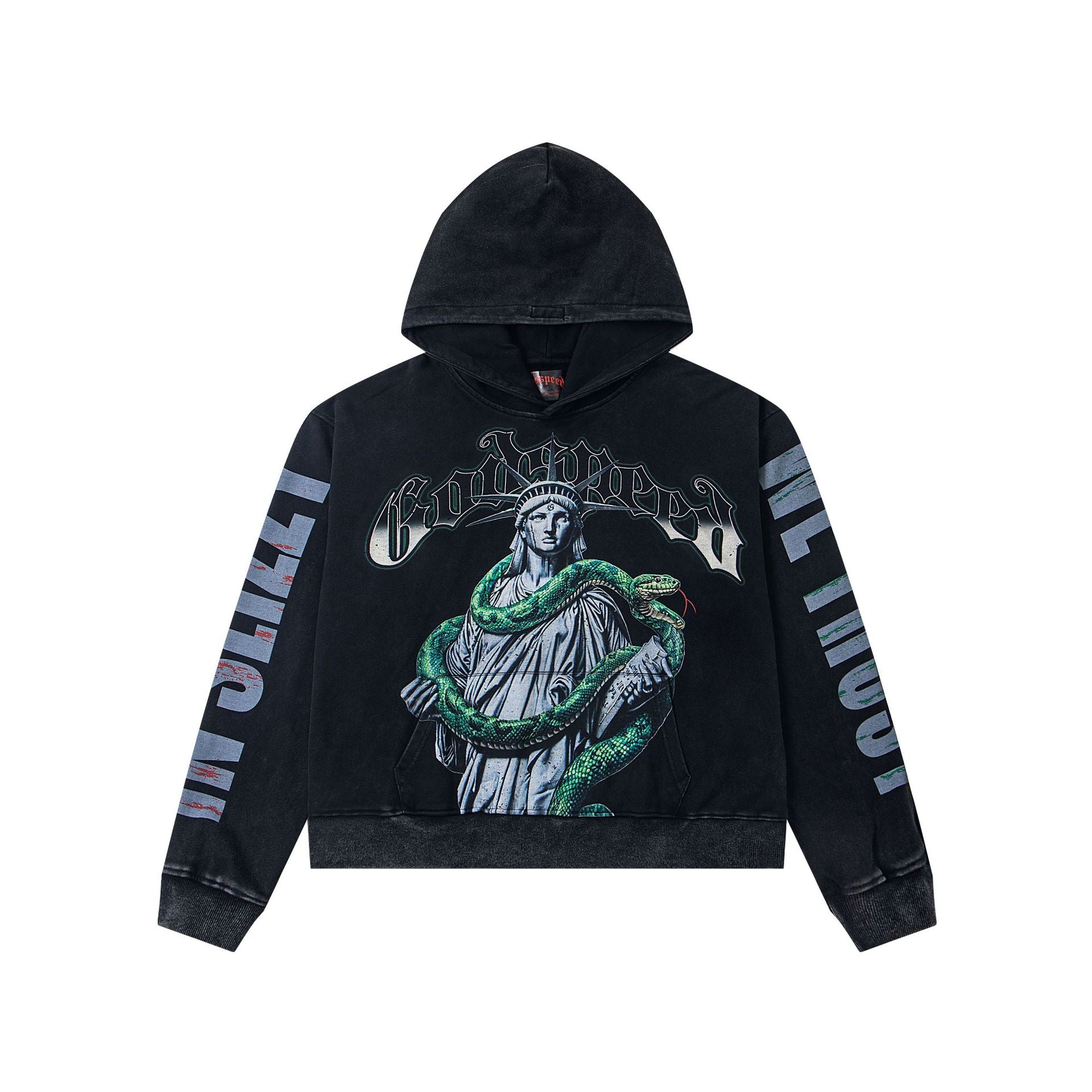 Vintage-Washed Pure Cotton Hip-Hop/Streetwear Hoodie with Print