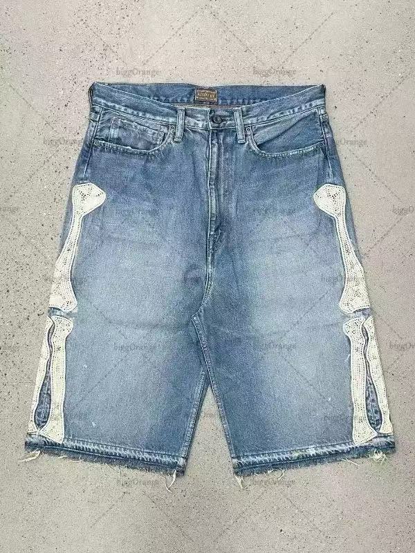 Y2K Embroidered Bone Casual Pants Loose Denim Shorts