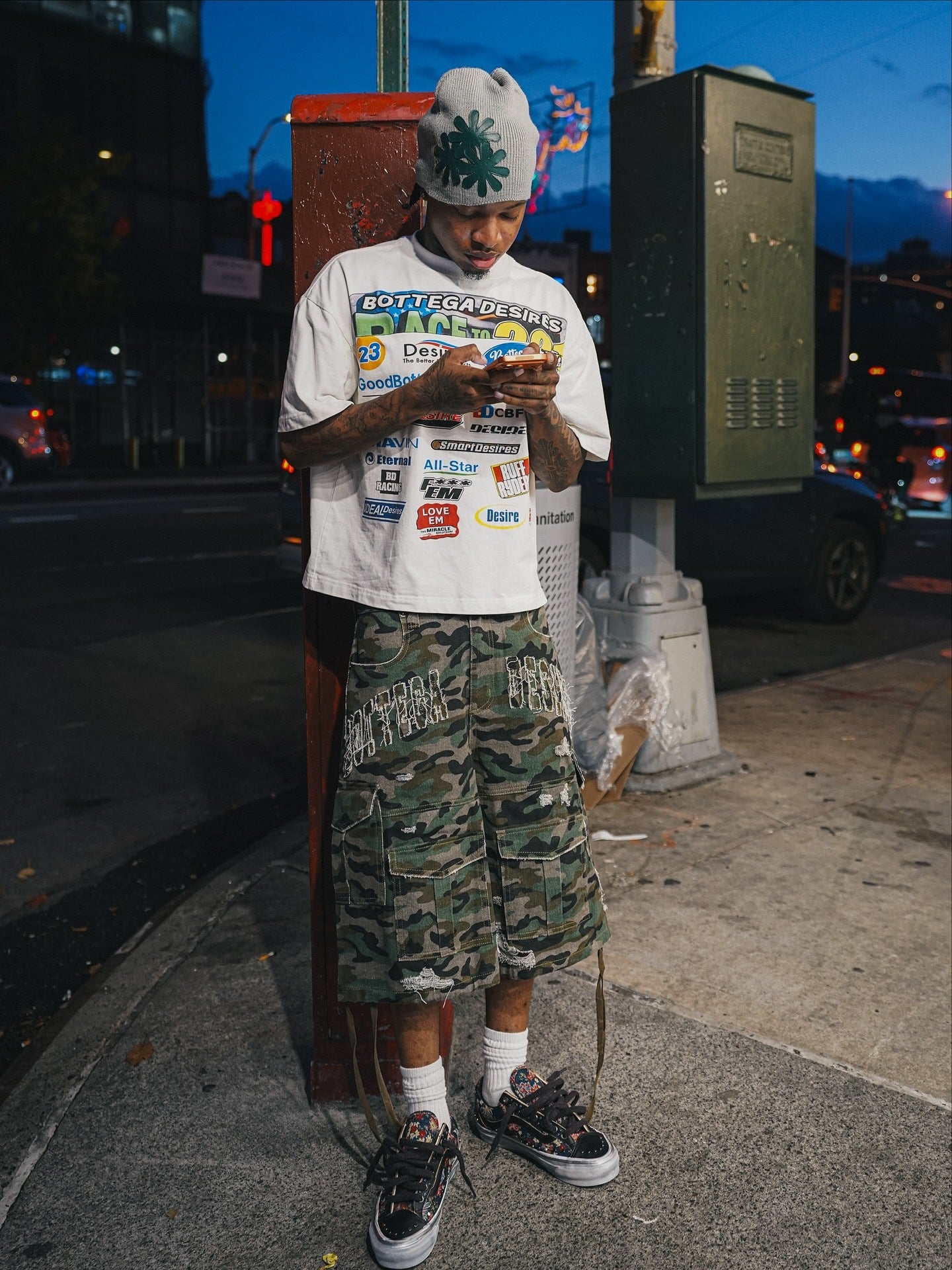 Camouflage Distressed Denim Cargo Shorts